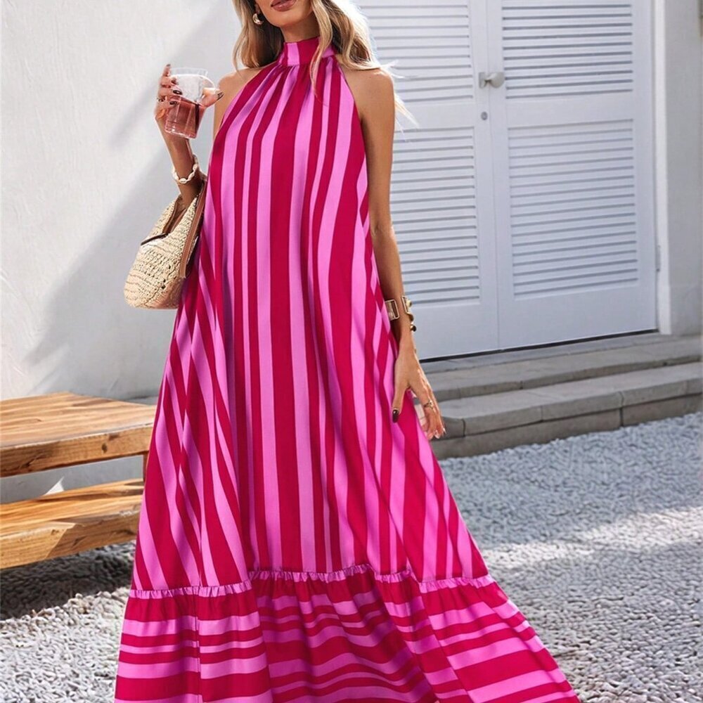 Pink Casual Women's Woven Striped Print Spaghetti Strap Dress - Picture 3 of 6